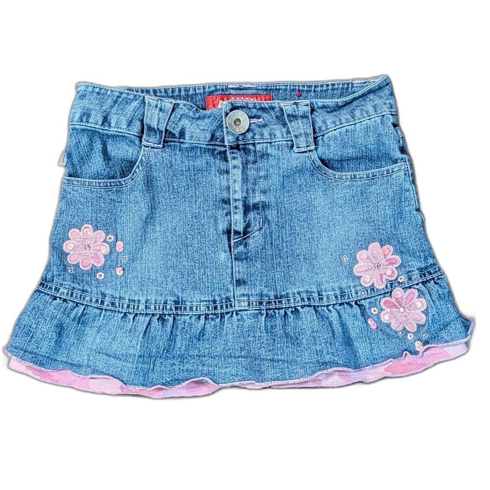 Girls Vintage Y2K Bongo Denim Mini Skirt Embroidered Pink Flowers Ruffle Hem 10